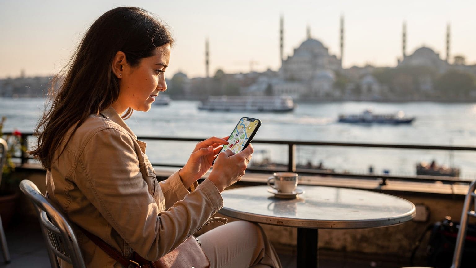 O tânără călătoare verifică harta pe telefonul ei compatibil eSIM, stând pe terasa unui restaurant cu vedere la Bosfor, în cartierul Karaköy din Istanbul, la apus.