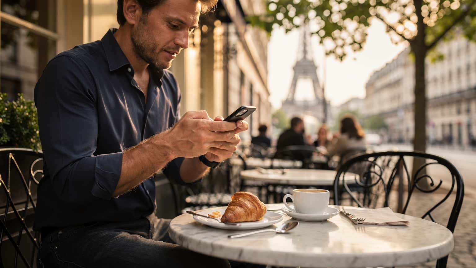 Un homme utilisant son smartphone avec une eSIM Orange à la terrasse d'un café parisien, un croissant et un café devant lui, avec la Tour Eiffel floue en arrière-plan.