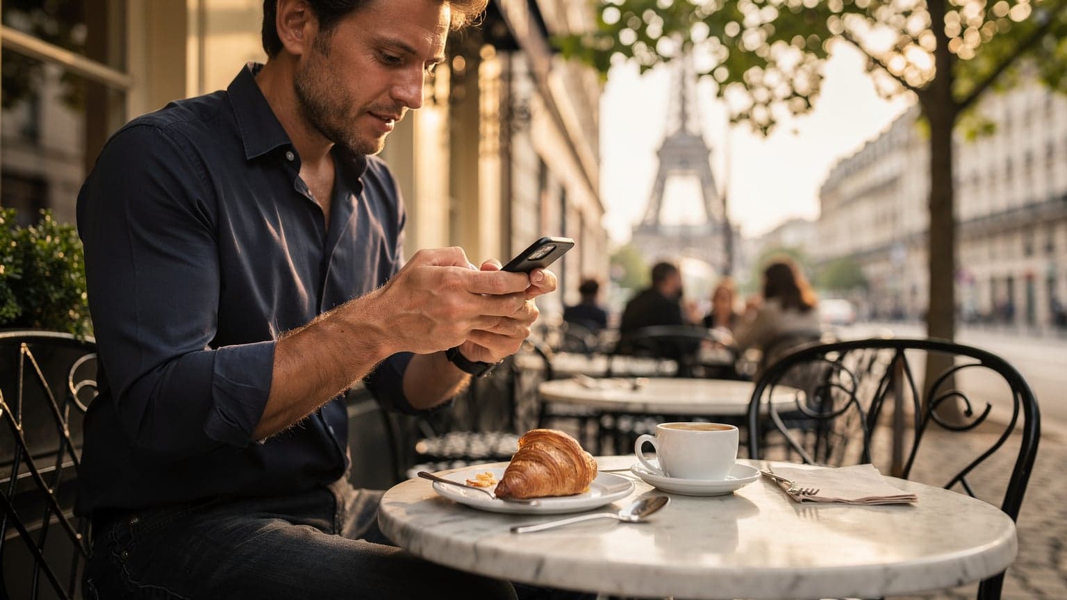 Un homme utilisant son smartphone avec une eSIM Orange à la terrasse d'un café parisien, un croissant et un café devant lui, avec la Tour Eiffel floue en arrière-plan.