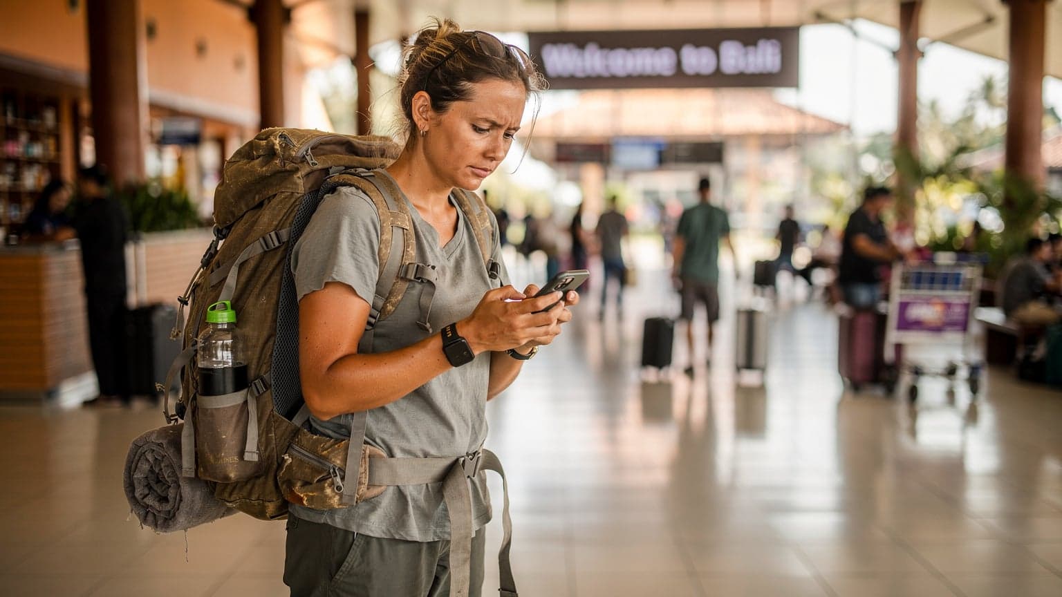 A woman with a backpack checks her phone for directions inside Ngurah Rai International Airport in Denpasar, Bali, with other travelers and luggage carts visible in the background under soft, natural morning light.