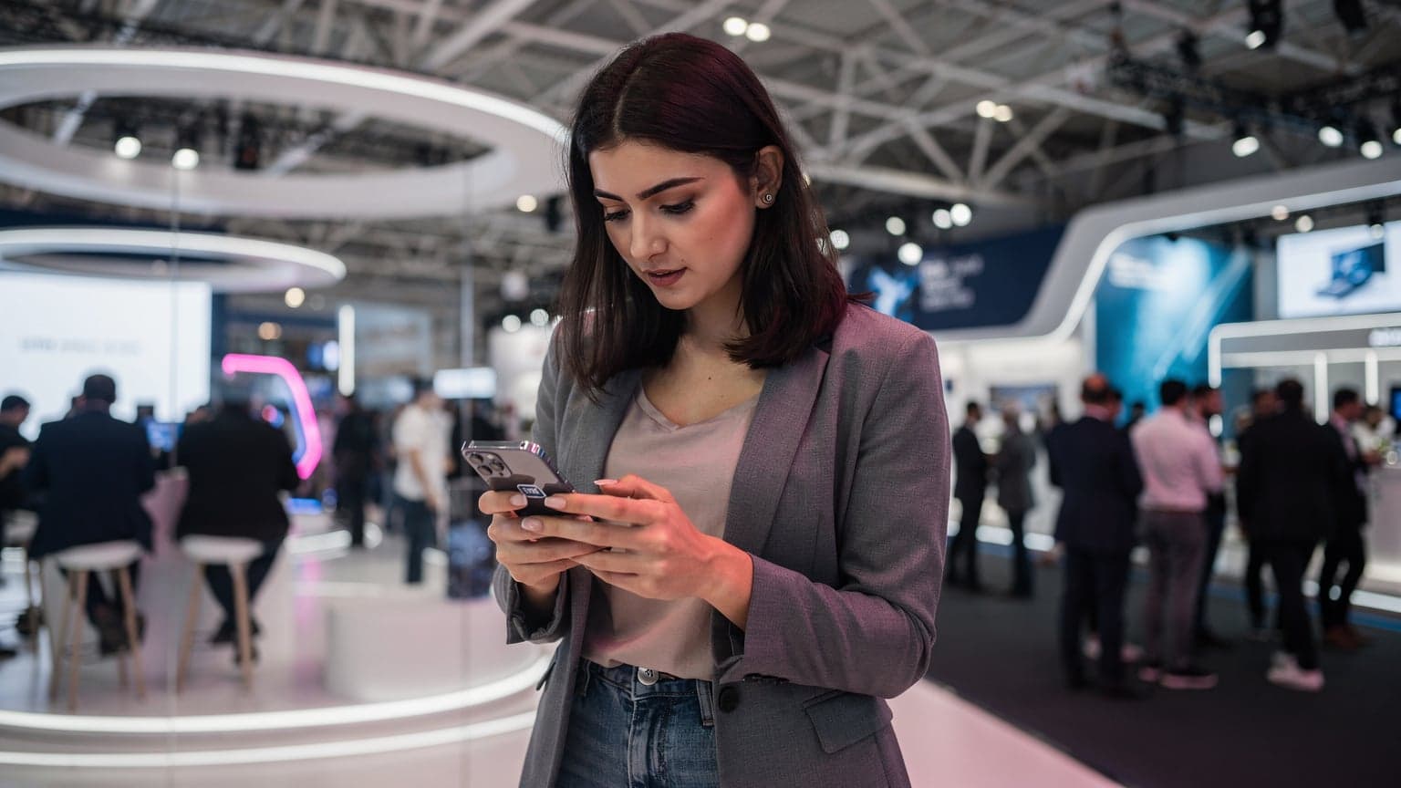İstanbul'da bir teknoloji fuarında elinde akıllı telefon tutan bir kadın, ekranda eSIM kurulum arayüzünü inceliyor, arka planda kalabalık ve dijital panolar var.