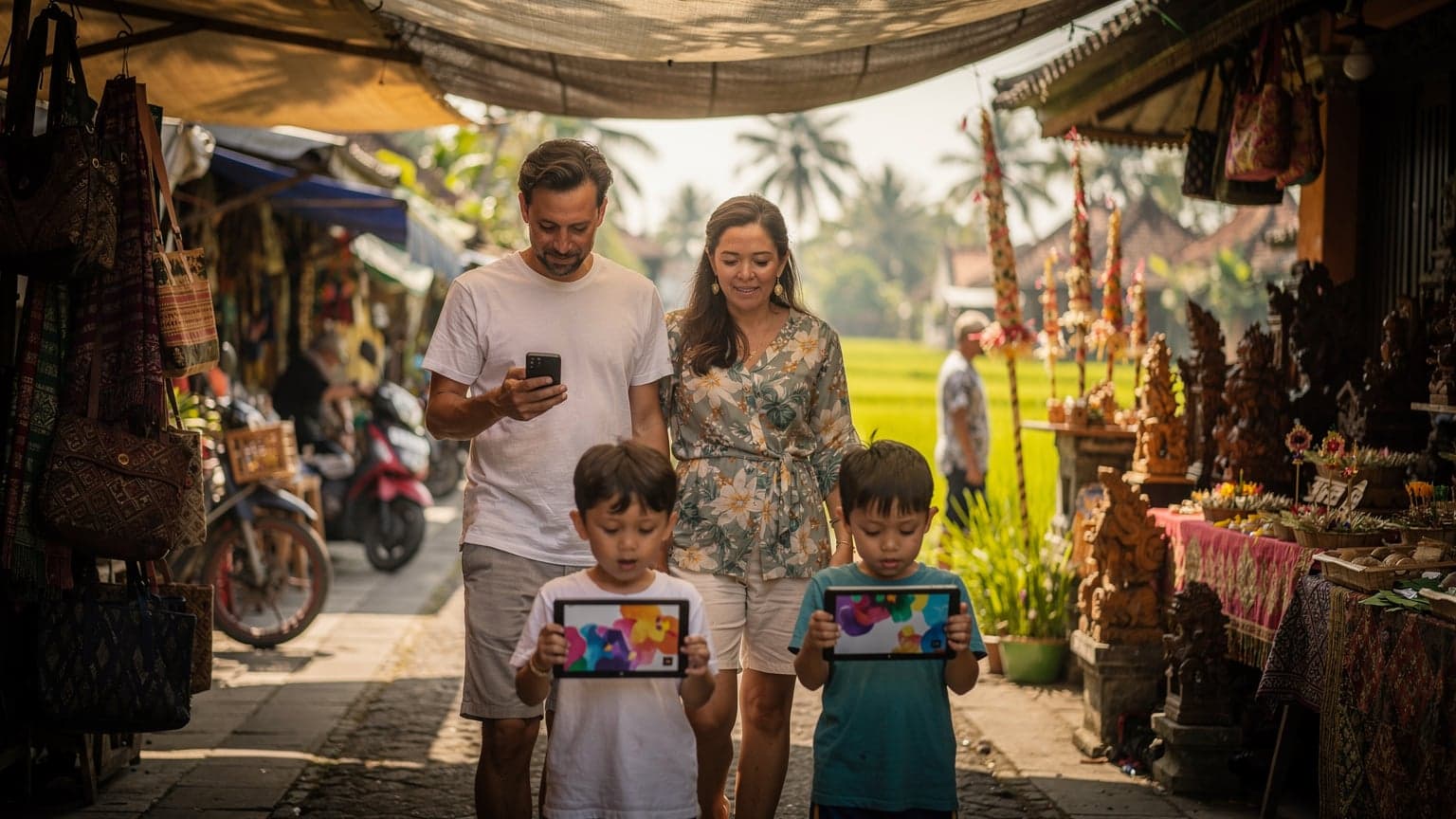 A family, including two children aged 8 and 10, walking through the vibrant, bustling streets of Ubud, Bali, with lush rice paddies in the background. The father is checking his phone, displaying an eSIM activation screen, while the children are engaged with their tablets, laughing.