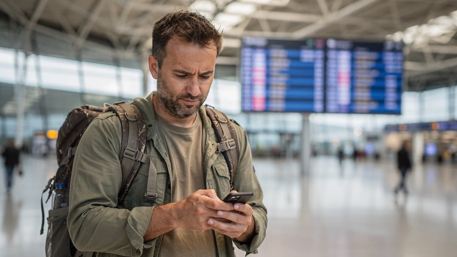 Un voyageur avec un sac à dos, son téléphone à la main, vérifiant sa connexion eSIM devant un panneau d'affichage numérique affichant les départs dans le hall principal de l'aéroport Roissy-Charles de Gaulle à Paris.