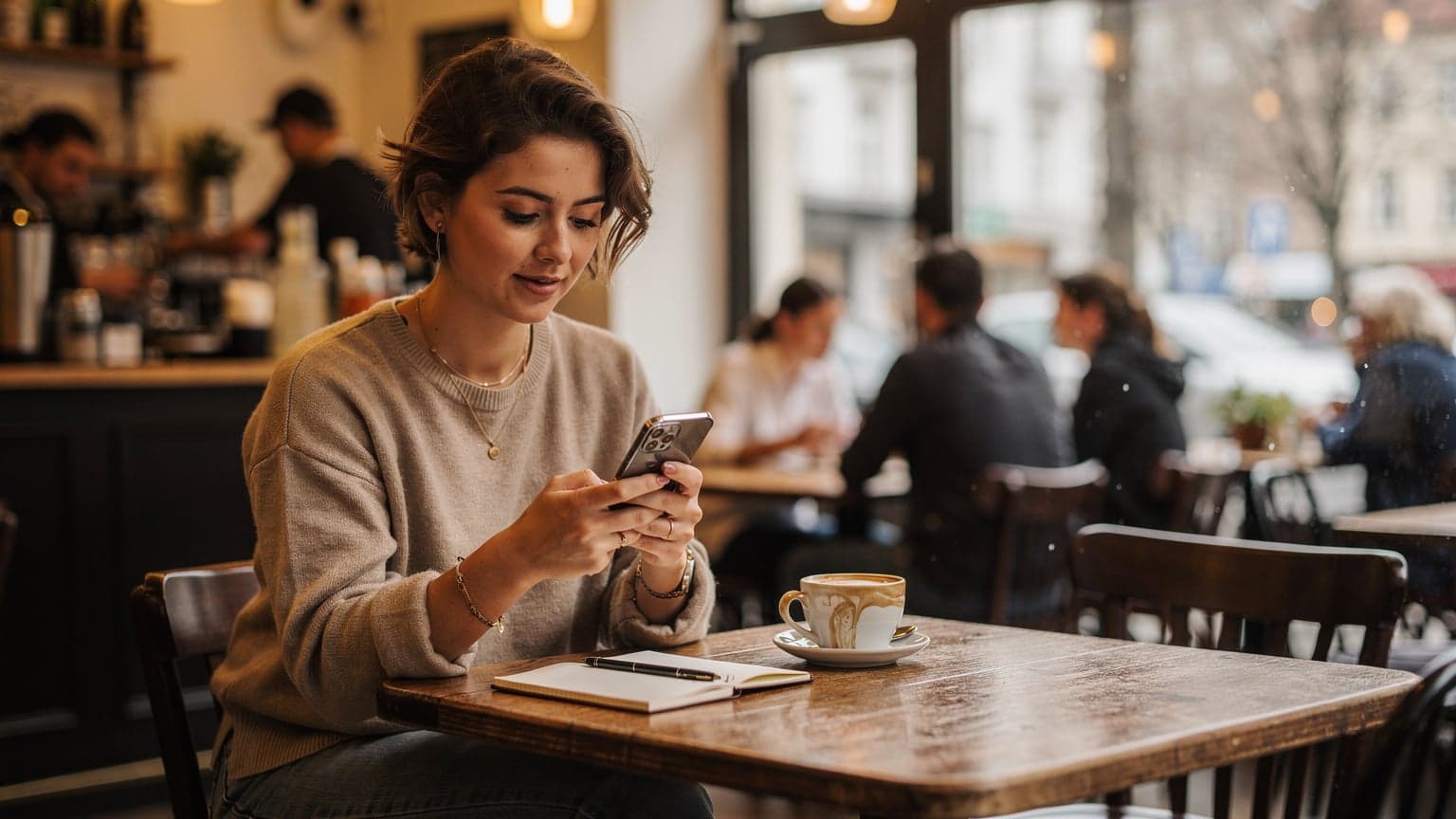 Eine junge Frau mit einem iPhone 11 in der Hand, sitzt in einem typischen Berliner Café und schaut auf den Bildschirm, während sie ihren Kaffee genießt.