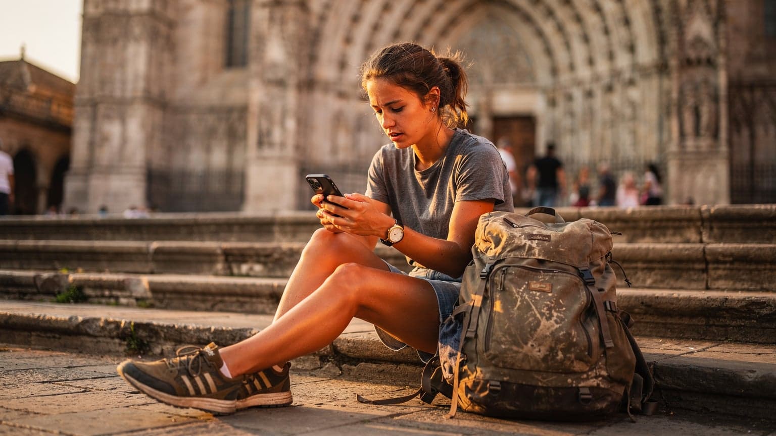 O tânără călătoare verifică harta pe telefonul ei cu eSIM activ, stând pe treptele de piatră ale Catedralei din Sevilla la apus, cu o geantă de rucsac alături.