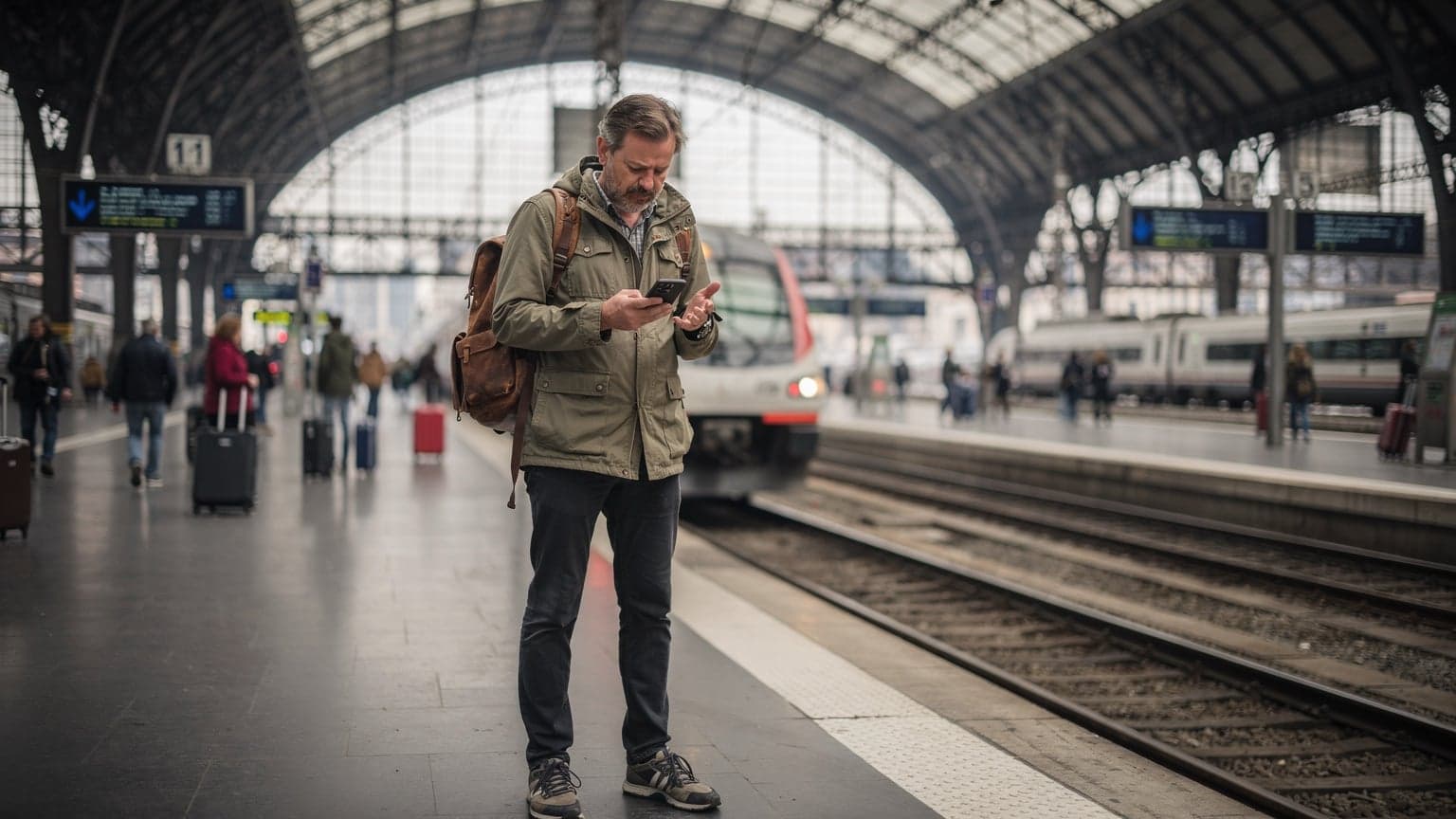 Un uomo con uno zaino in spalla consulta il suo smartphone mentre attende il treno alla stazione di Milano Centrale, con un'espressione leggermente perplessa.