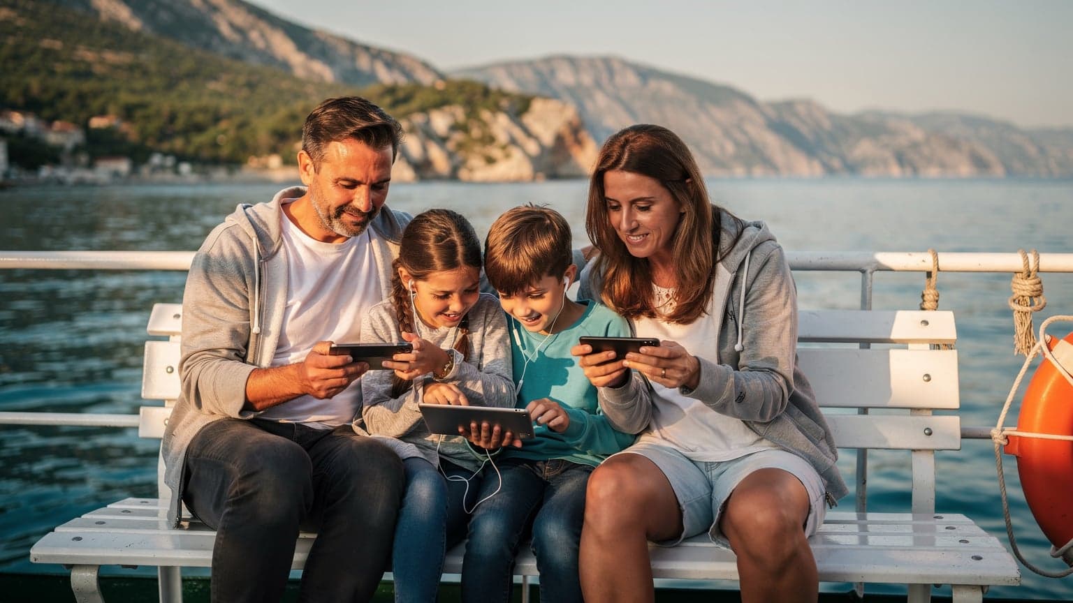 Eine Familie mit zwei Kindern, die auf einer Fähre in der Adria sitzt, die Küste Albaniens im Hintergrund, während die Eltern auf ihre Smartphones schauen und die Kinder auf einem Tablet ein Spiel spielen.