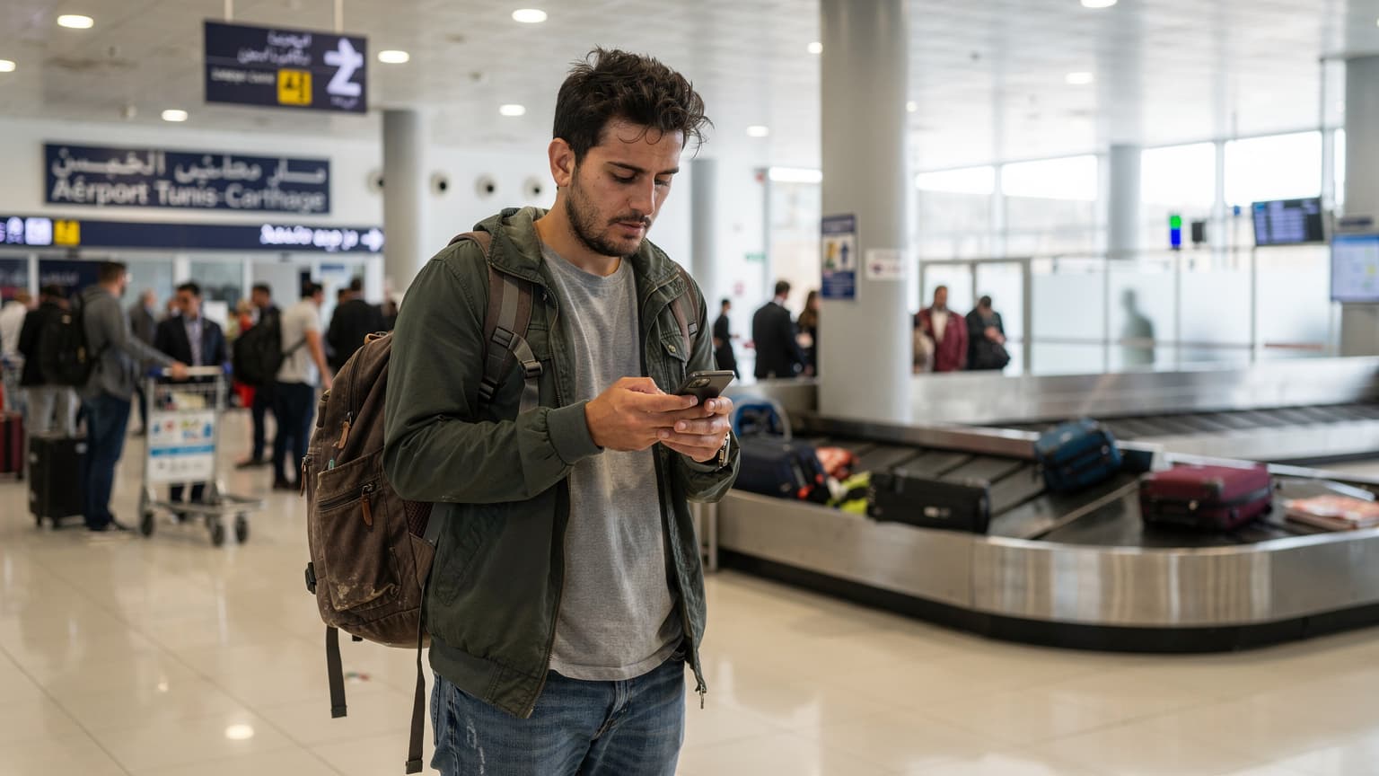 Un voyageur consulte son téléphone à l'aéroport de Tunis-Carthage, avec des panneaux d'information en arabe et en français en arrière-plan, reflétant l'arrivée dans le pays.