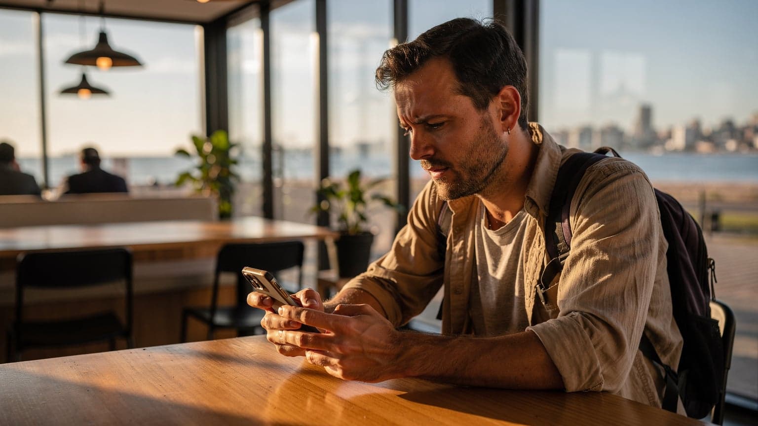 Un viajero nómada digital usando su teléfono con una eSIM, sentado en una cafetería moderna en el barrio de Pocitos, Montevideo, con vistas al Río de la Plata a través de una ventana grande, durante el atardecer.