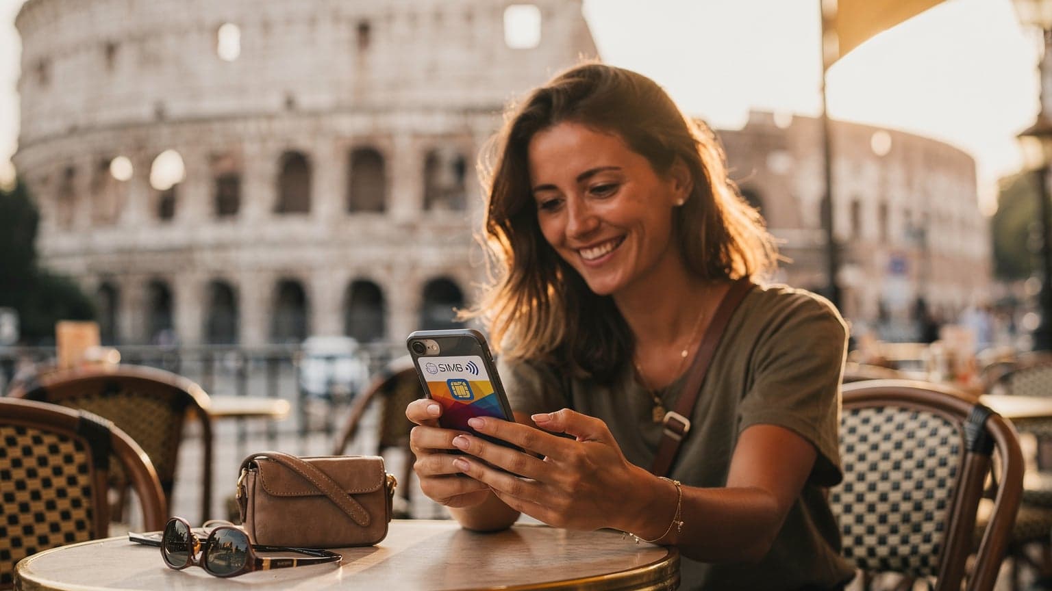 Una turista sorride mentre controlla il suo smartphone con un'eSIM attiva, seduta a un tavolino di un caffè all'aperto con vista sul Colosseo a Roma, durante l'ora d'oro.