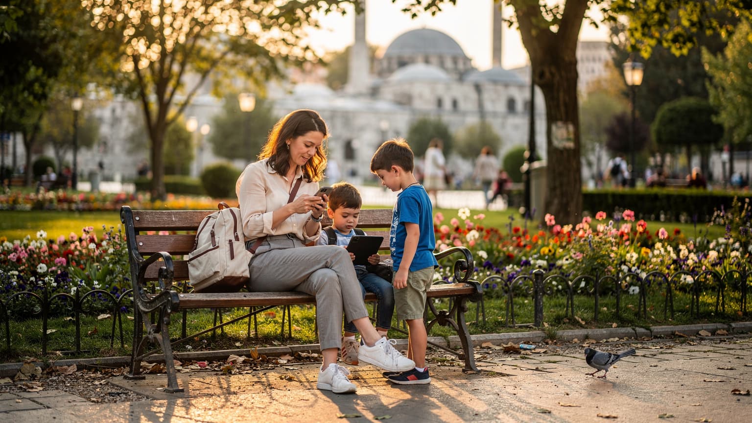 O mamă cu doi copii mici stând pe o bancă într-un parc plin de flori din Istanbul, consultând telefonul mobil, cu o atmosferă relaxată de după-amiază.