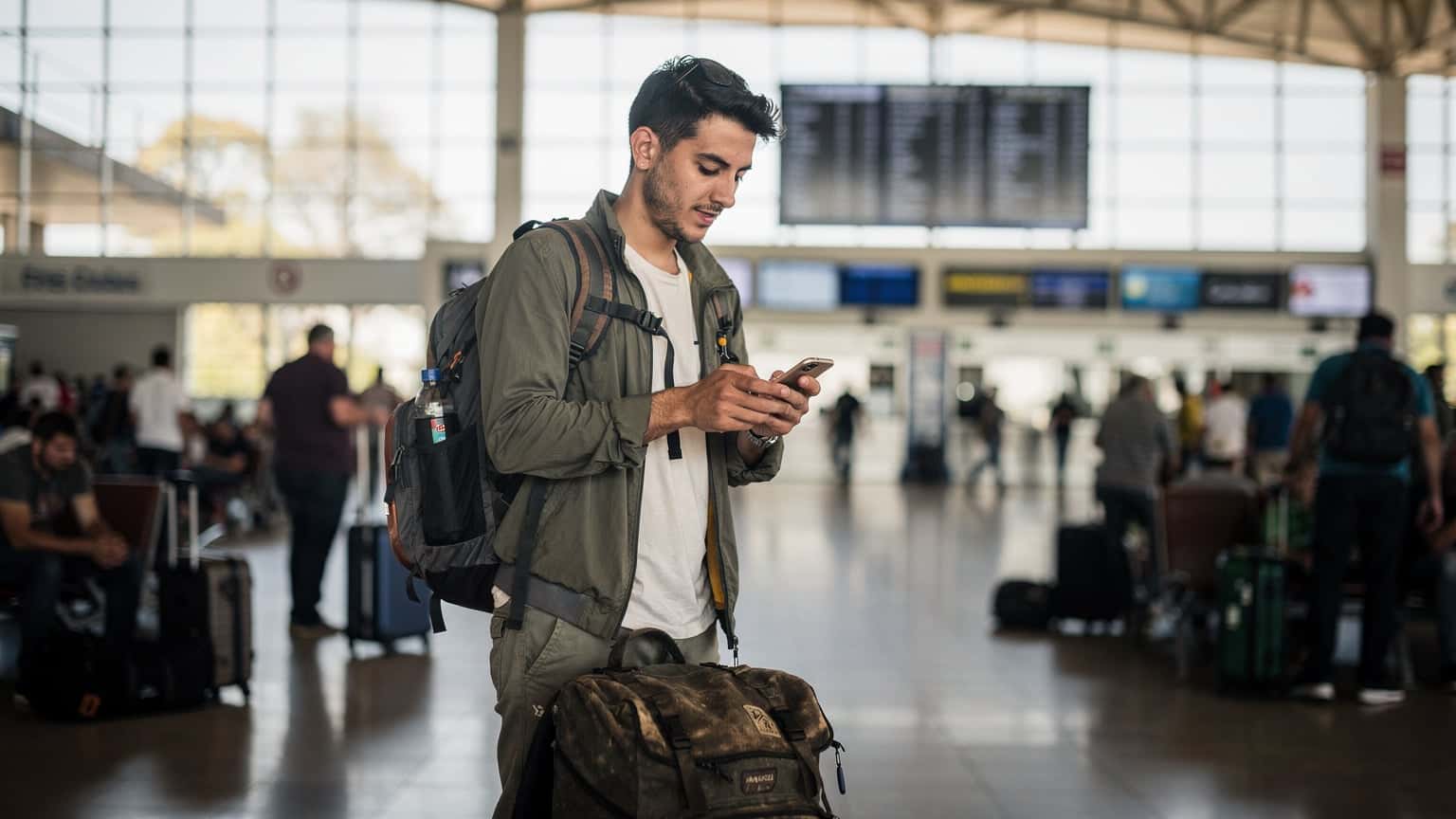 Un mochilero revisa su teléfono en la terminal de ómnibus de Tres Cruces en Montevideo, Uruguay, con su mochila a los pies y una mirada concentrada en la pantalla.