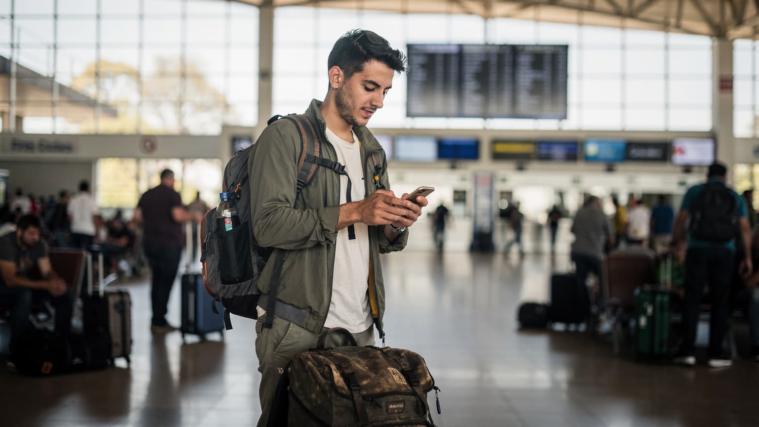 Un mochilero revisa su teléfono en la terminal de ómnibus de Tres Cruces en Montevideo, Uruguay, con su mochila a los pies y una mirada concentrada en la pantalla.