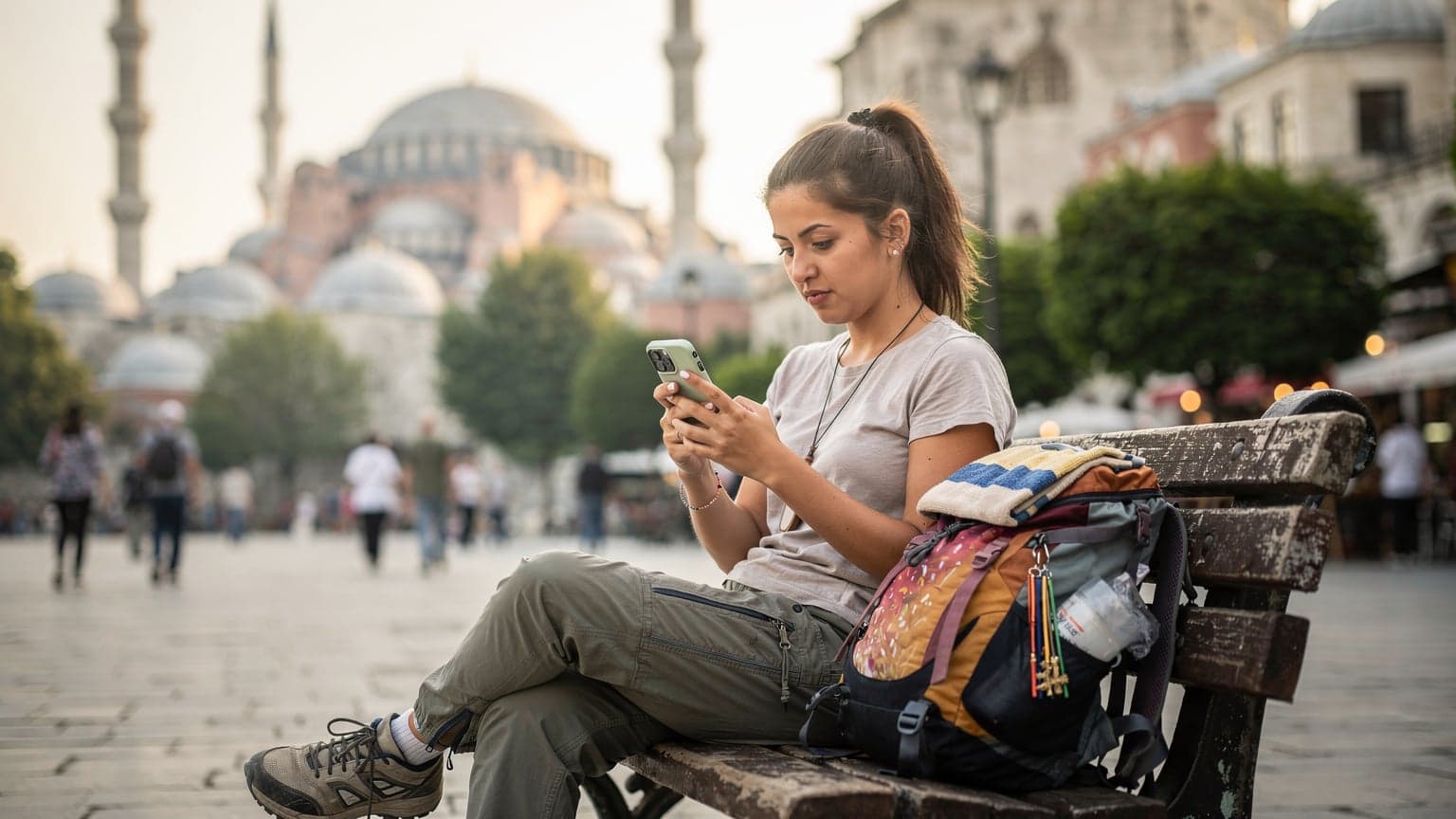İstanbul'un tarihi Sultanahmet Meydanı'nda, bir bankta oturan genç bir kadının elinde akıllı telefonuyla hız testi yaparkenki anı gösteren bir fotoğraf.