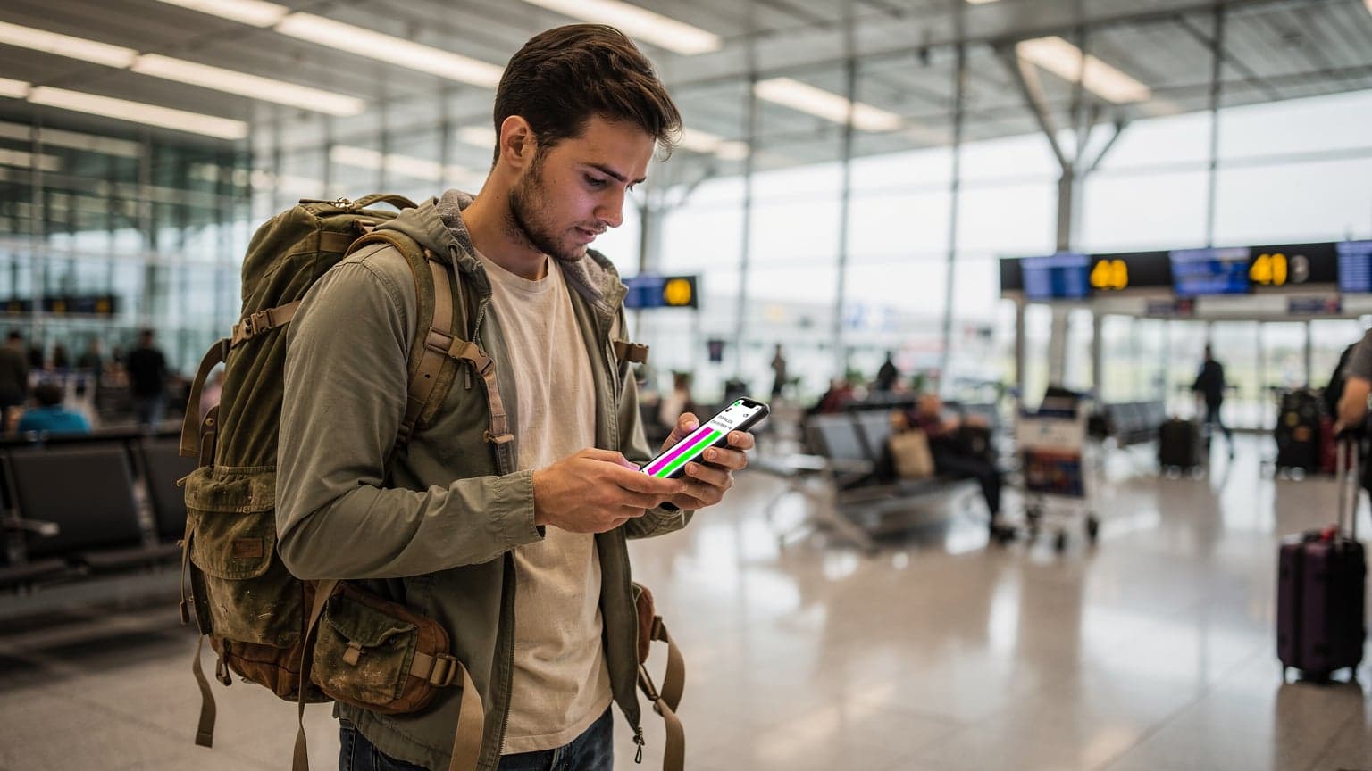 A traveler in a bustling airport terminal is looking at their smartphone screen, which displays a network speed test result with green bars indicating good performance.