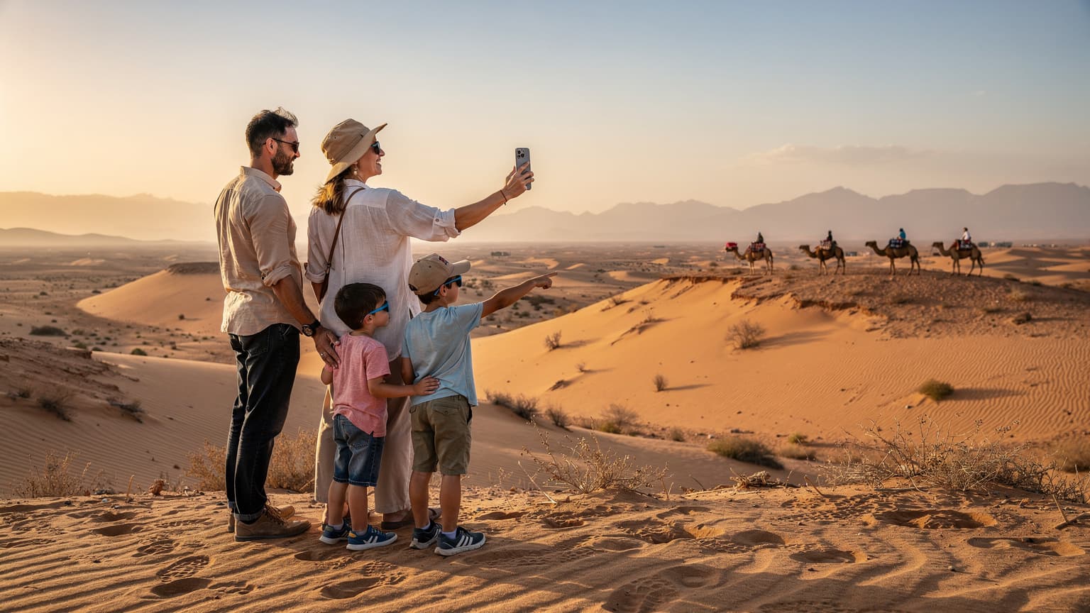 Une famille avec deux enfants regardant des dromadaires au coucher du soleil dans le désert d'Agafay, près de Marrakech, avec un père tenant son smartphone, le signal 4G affiché à l'écran.