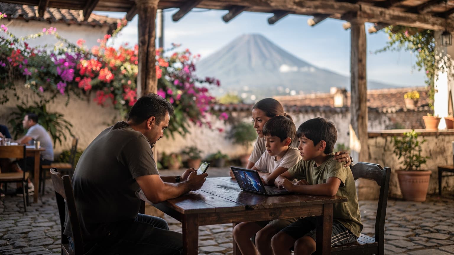 Una familia con dos niños pequeños, sentados en un café al aire libre en Antigua, Guatemala, revisando un teléfono con una aplicación de mapas abierta, mientras los niños juegan en una tablet.