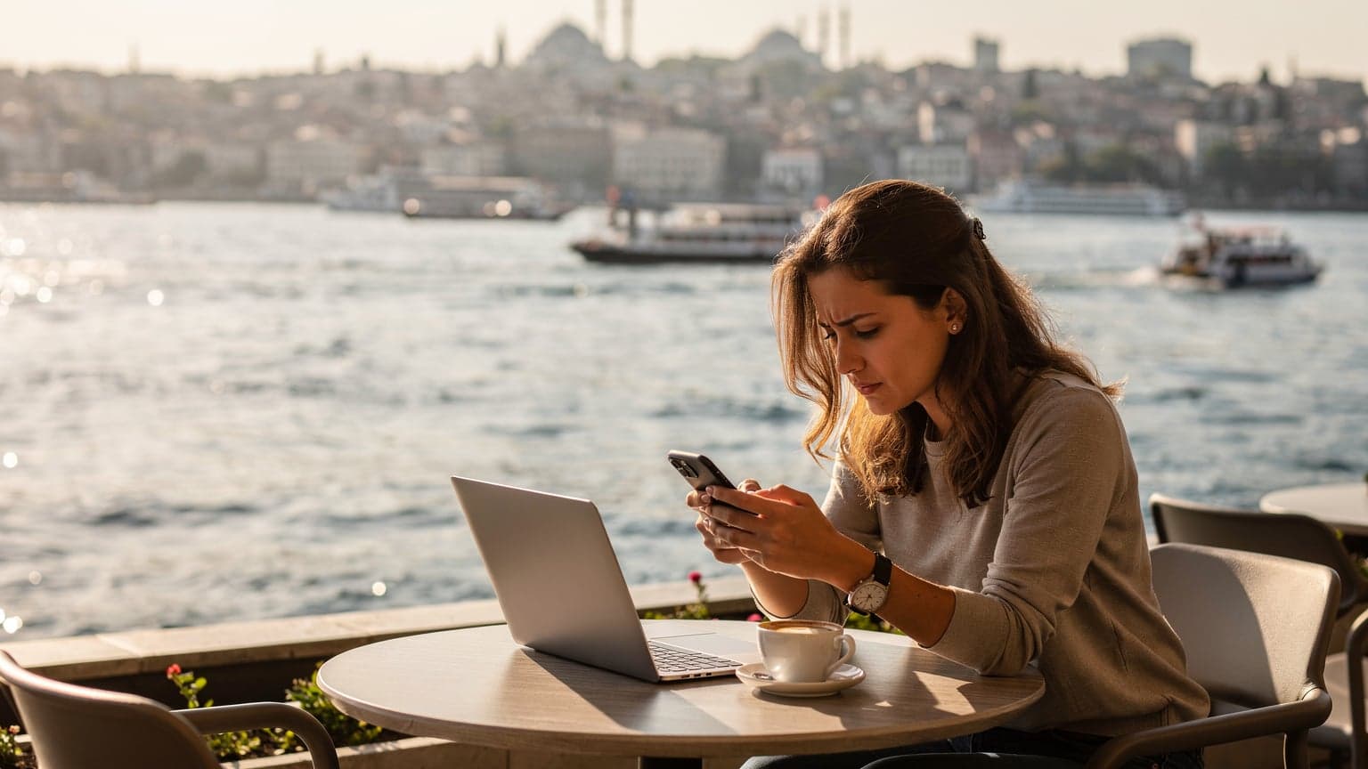 A woman sits at a cafe table overlooking the Bosphorus in Istanbul, her phone displaying a network settings screen, a cup of Turkish tea beside her.
