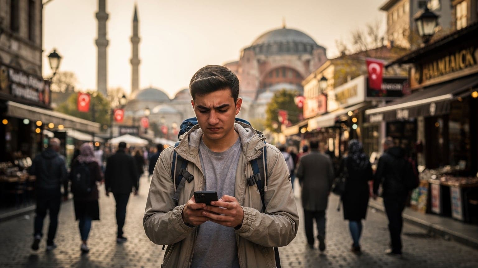İstanbul'da bir genç, Sultanahmet Camii'nin minareleri ve Ayasofya'nın kubbesi arka planda kalırken, elindeki telefonla haritada yolunu kontrol ediyor. Güneşli bir öğleden sonra.
