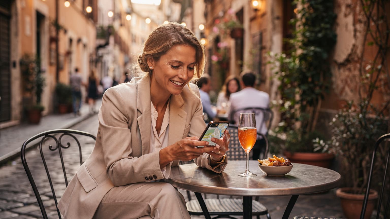O femeie zâmbitoare, cu un telefon compatibil eSIM în mână, verifică harta pe Google Maps în timp ce stă la o terasă aglomerată din cartierul Trastevere din Roma, la apus.