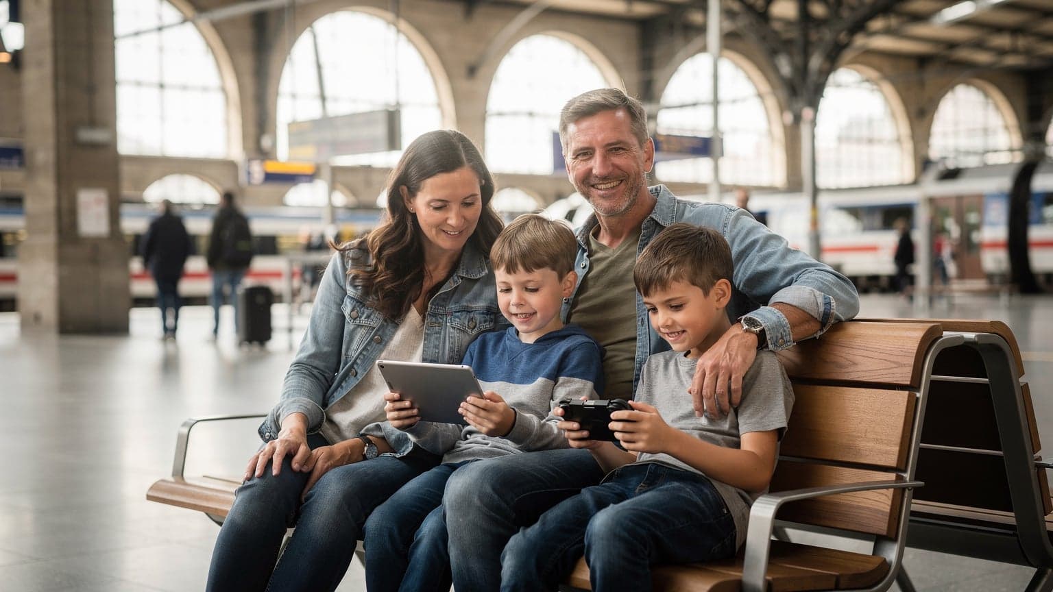 O familie cu doi copii mici, părinții zâmbitori, stau pe o bancă într-o gară modernă din Elveția, probabil Gara Centrală din Zürich, în timp ce copiii privesc la un iPad și un Nintendo Switch. Lumina naturală, moale, de dimineață, inundă peronul.