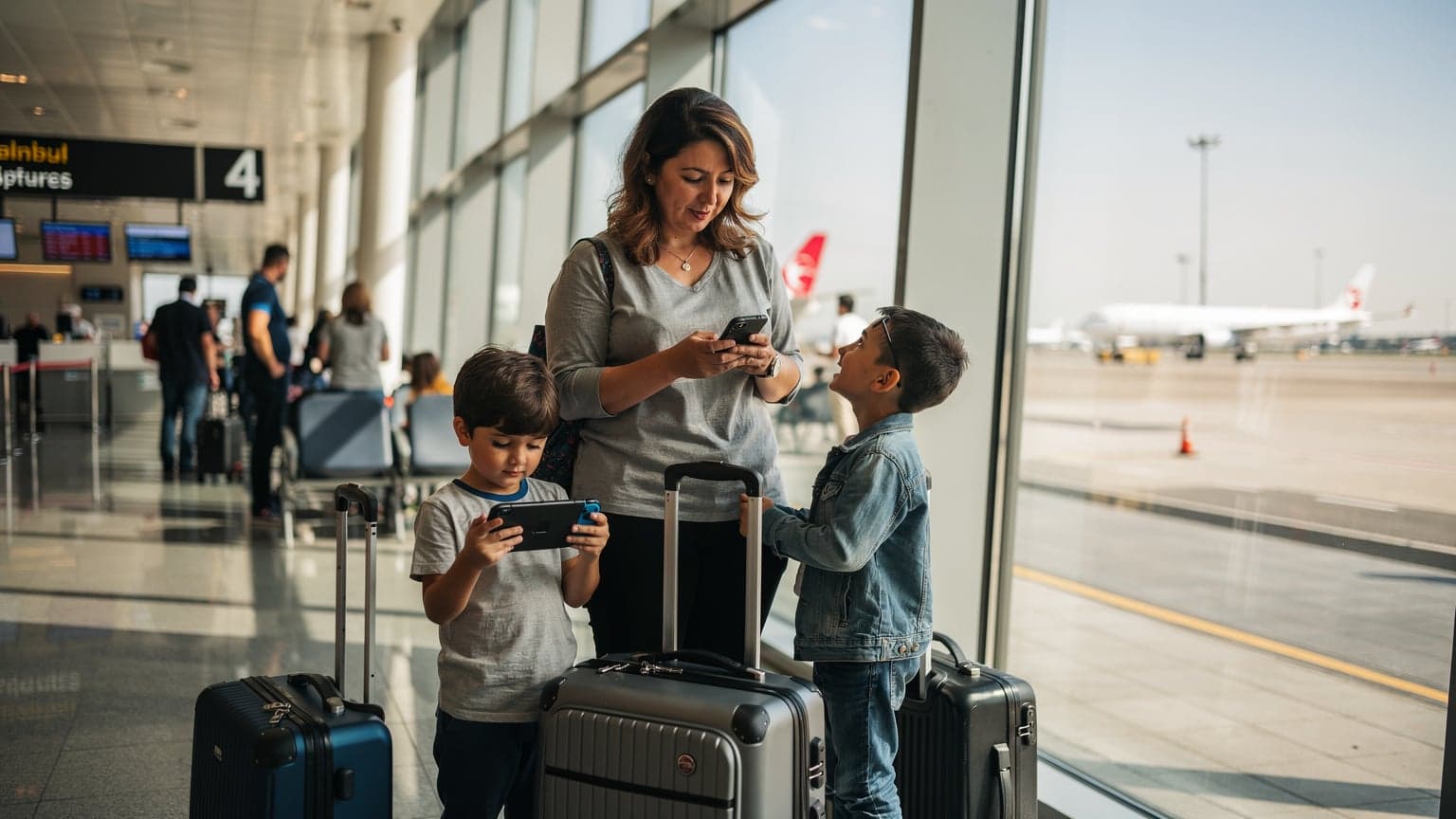 İstanbul Havalimanı dış hatlar gidiş terminalinde, bir anne elindeki telefonundan eSIM uygulamasını kontrol ederken, iki çocuğu ise pasaport kontrol sırasını bekliyor. Bavullar ve sırt çantaları yanlarında duruyor.
