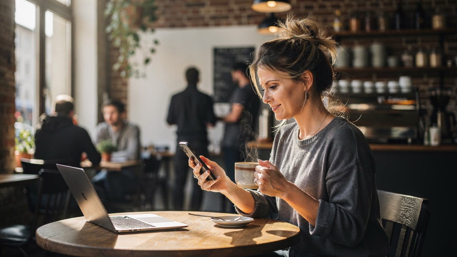 Eine Person sitzt in einem belebten Münchner Café, ihr Smartphone zeigt eine eSIM-Aktivierungsseite an, während sie eine Tasse Kaffee trinkt.