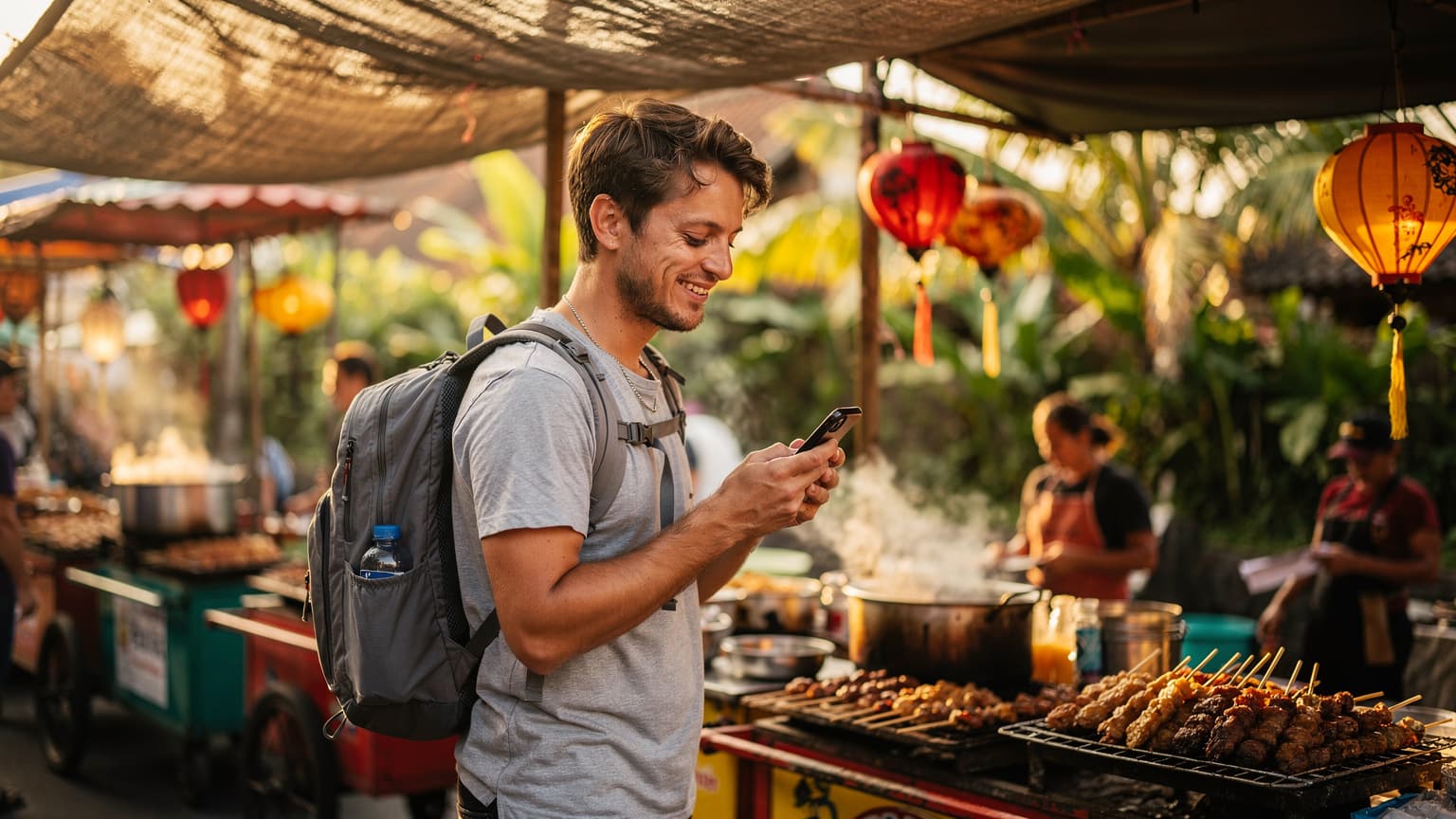 A backpacker standing at a street food stall in Ubud, Bali, looking at their phone with a Telkomsel signal bar, late afternoon sun casting long shadows.