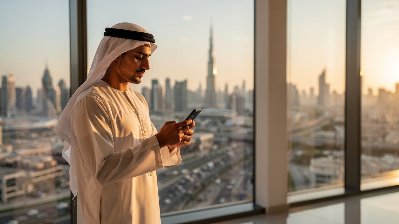 شاب عربي يرتدي دشداشة تقليدية يتصفح هاتفه الذكي أمام نافذة زجاجية كبيرة تطل على أفق مدينة دبي الصاخبة عند غروب الشمس، مع أبراج مضاءة في الخلفية.