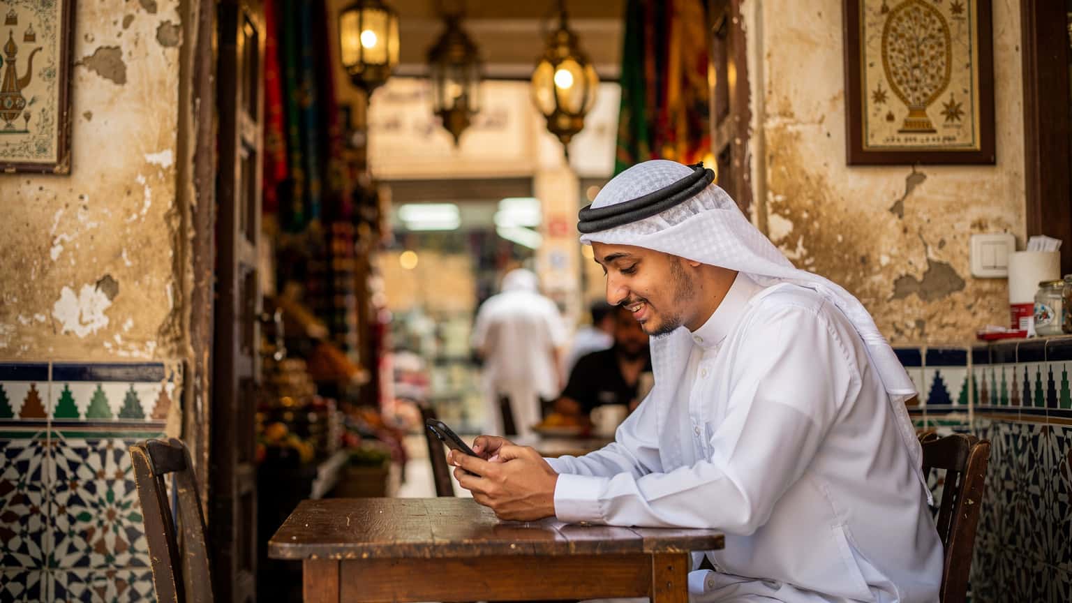 شاب يرتدي غترة وعقال، يجلس في مقهى تقليدي بديكور بحريني في سوق المنامة، يتصفح هاتفه الذكي وابتسامة خفيفة على وجهه، تظهر خلفه واجهات المحلات المزدحمة بالبضائع.