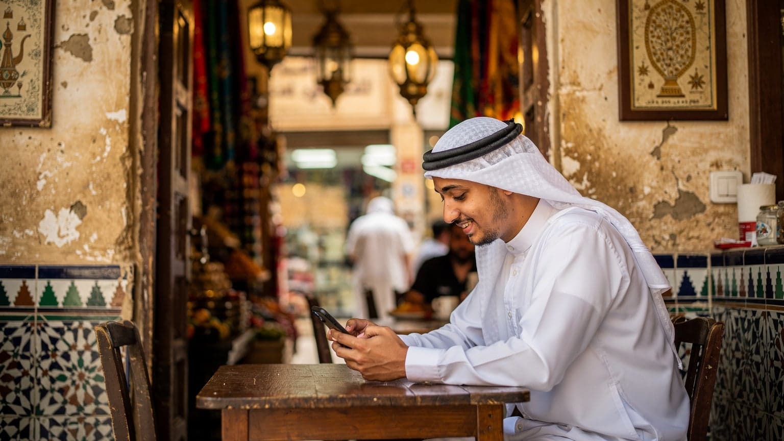 شاب يرتدي غترة وعقال، يجلس في مقهى تقليدي بديكور بحريني في سوق المنامة، يتصفح هاتفه الذكي وابتسامة خفيفة على وجهه، تظهر خلفه واجهات المحلات المزدحمة بالبضائع.