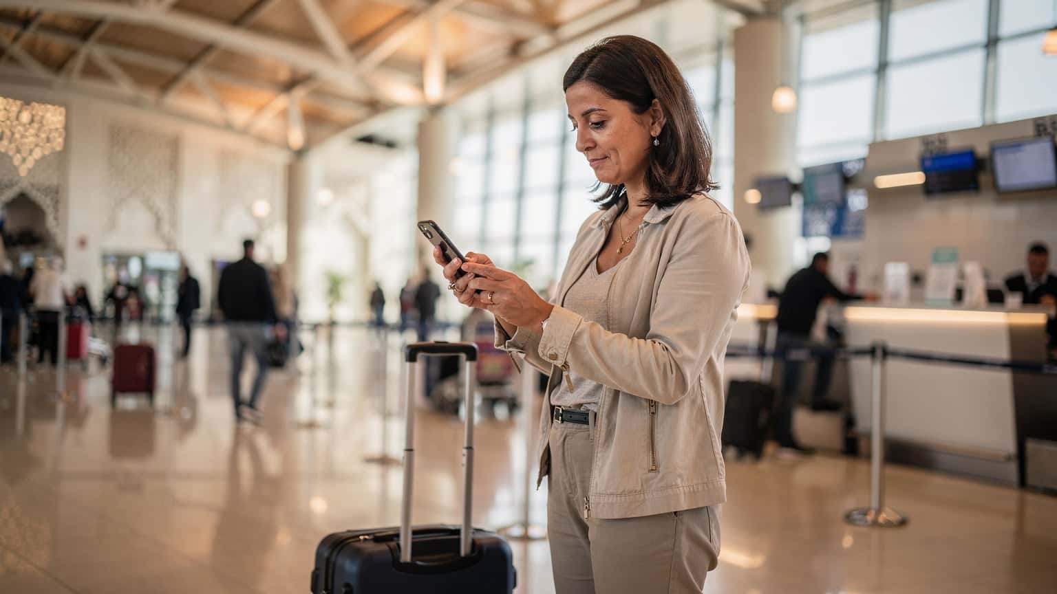 Une femme utilisant son smartphone pour scanner un QR code eSIM à l'aéroport Mohammed V de Casablanca, avec des bagages à côté d'elle et le hall de l'aéroport en arrière-plan.