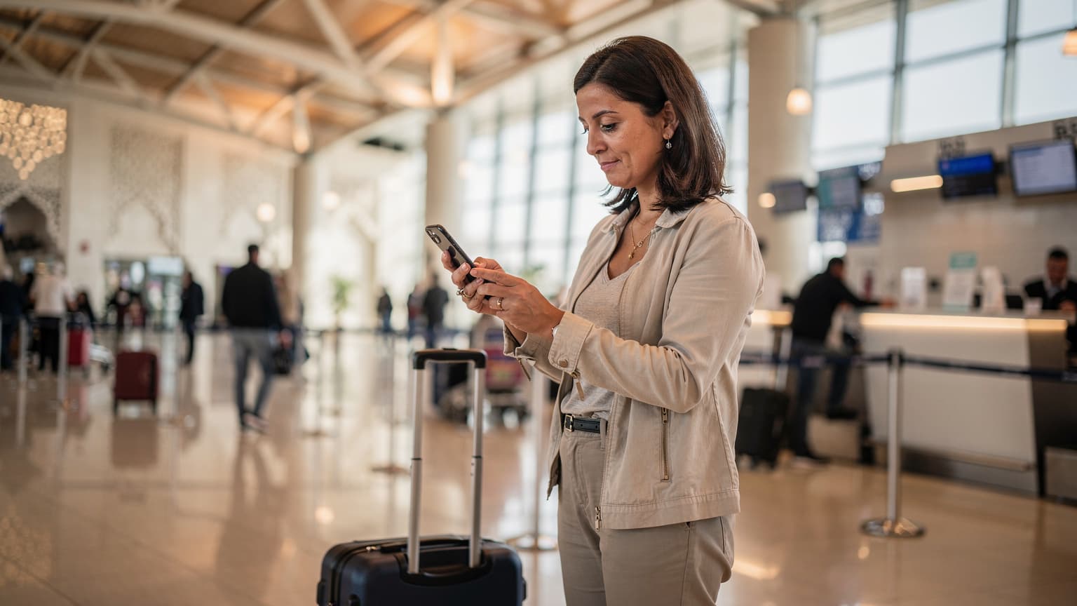 Une femme utilisant son smartphone pour scanner un QR code eSIM à l'aéroport Mohammed V de Casablanca, avec des bagages à côté d'elle et le hall de l'aéroport en arrière-plan.