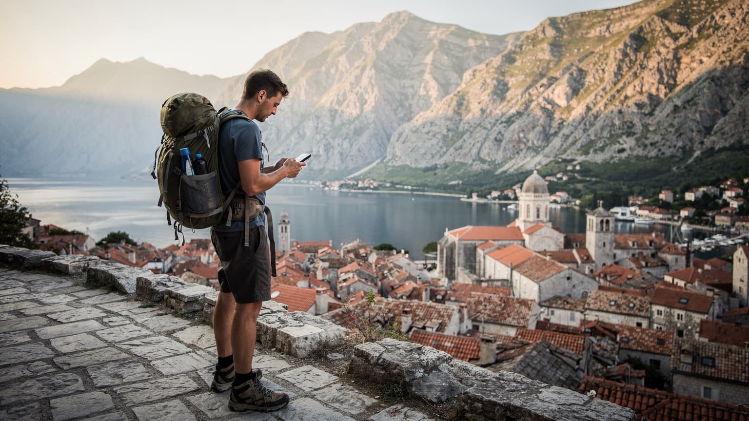 Ein junger Backpacker mit Rucksack und Smartphone in der Hand steht auf einem Aussichtspunkt über der Altstadt von Kotor in Montenegro, im Hintergrund die Bucht und die Berge.
