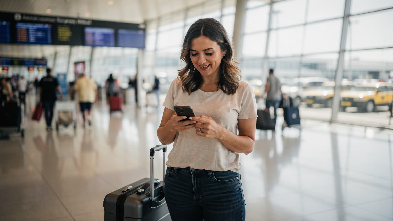 A woman stands in the arrivals hall of Athens International Airport, looking at her smartphone with a relaxed expression, a Cellesim logo subtly visible on the screen.