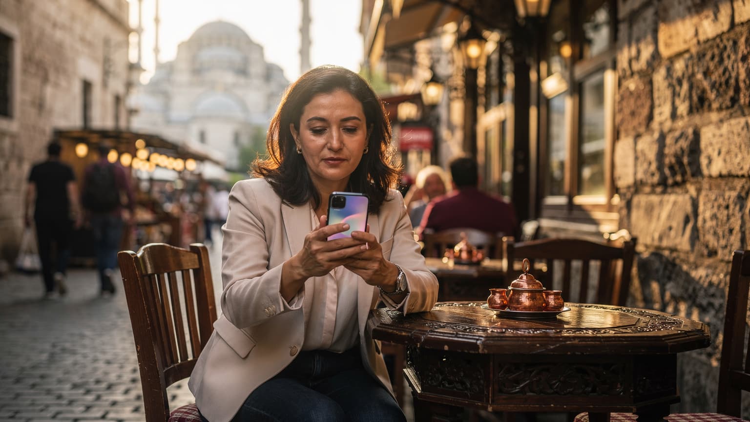 İstanbul'un tarihi Sultanahmet Meydanı'nda, bir Türk kahvecisinin önünde oturan bir kadın, elindeki akıllı telefonda eSIM kurulum ekranına bakıyor.