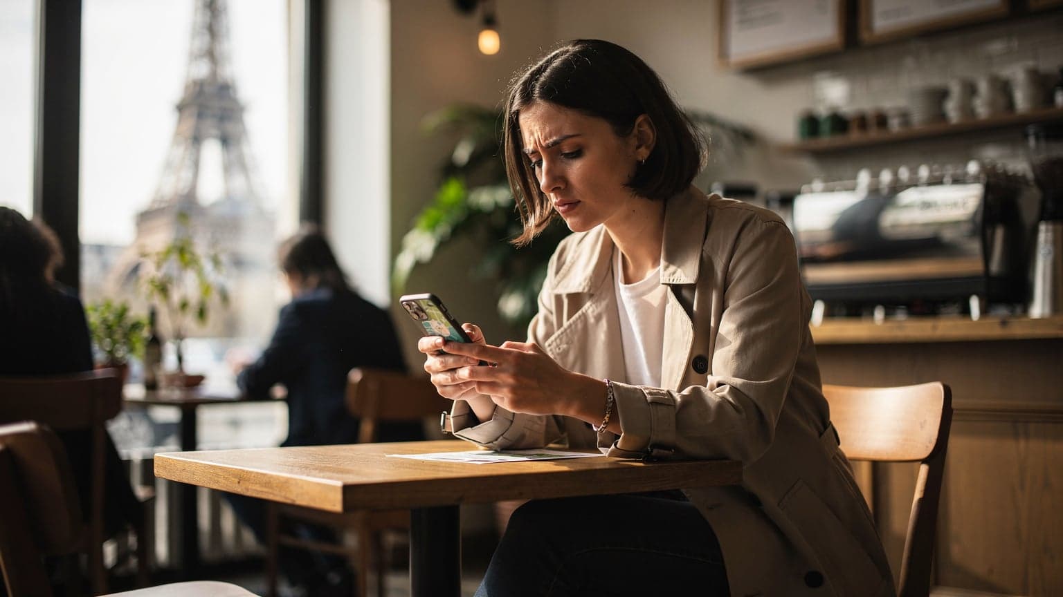 A woman in a Parisian cafe, holding her smartphone and looking at a travel app, with the Eiffel Tower visible in the background through the window.