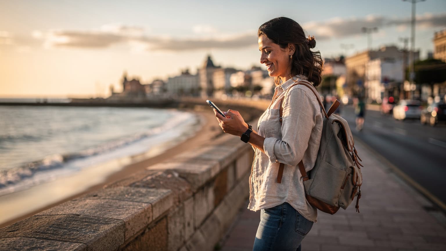 Una mujer viajera sonriendo y mirando su teléfono en la rambla de Montevideo, con el río de la Plata de fondo al atardecer.