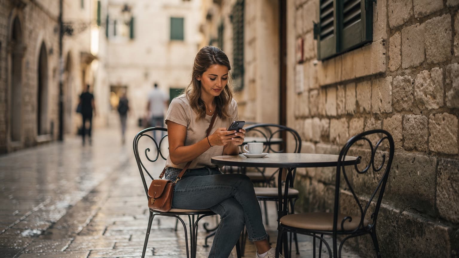 Eine Frau sitzt in einem Café in der Altstadt von Dubrovnik, Kroatien, schaut auf ihr Smartphone und genießt einen Kaffee.