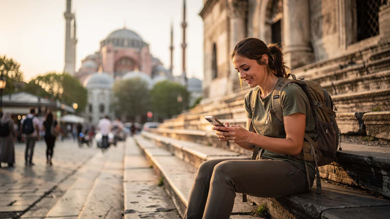O tânără călătoare cu rucsac, zâmbind, consultă harta pe telefonul ei în timp ce stă pe treptele unei clădiri istorice din Istanbul, cu o moschee faimoasă în fundal, la apus.