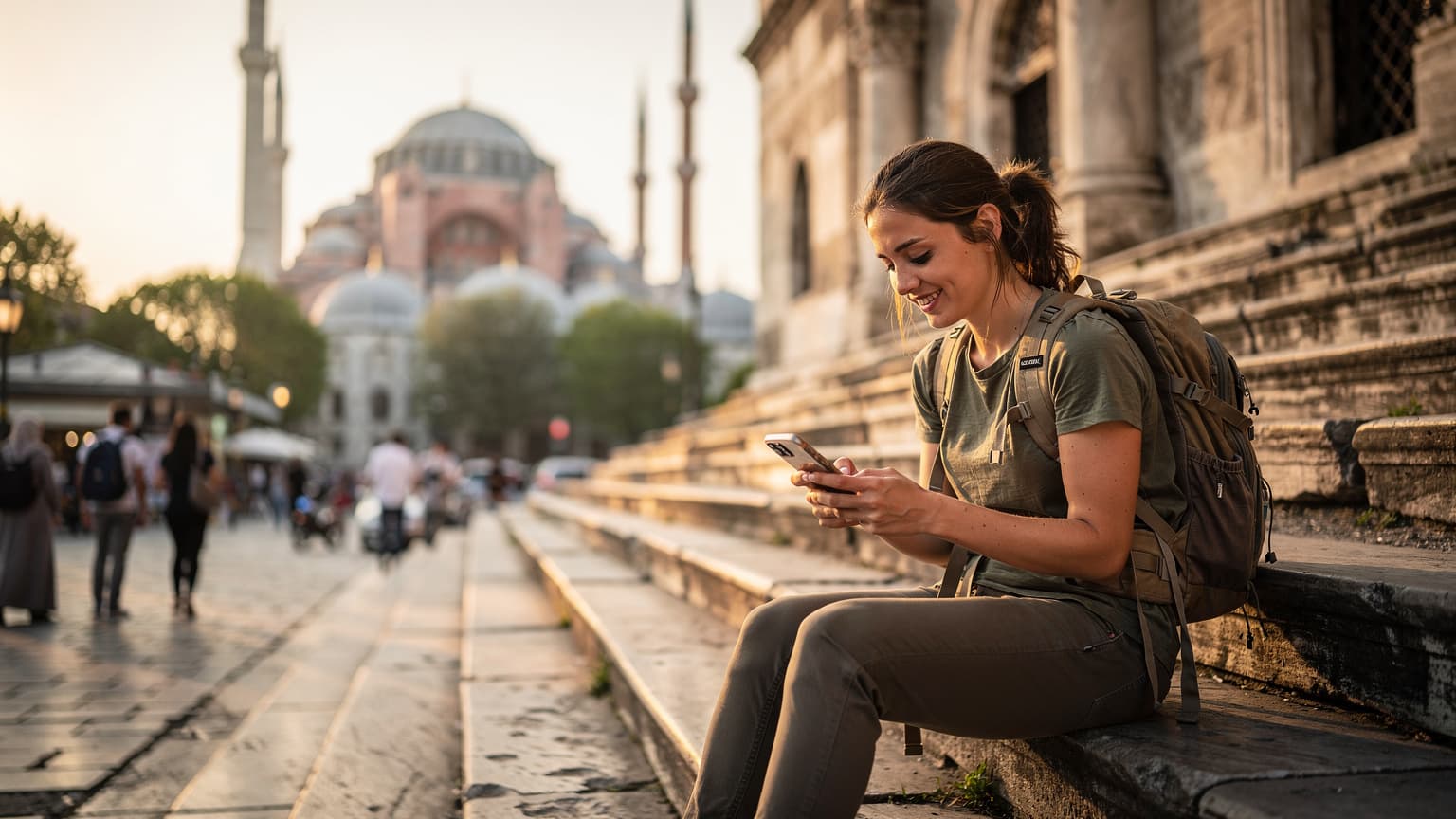 O tânără călătoare cu rucsac, zâmbind, consultă harta pe telefonul ei în timp ce stă pe treptele unei clădiri istorice din Istanbul, cu o moschee faimoasă în fundal, la apus.