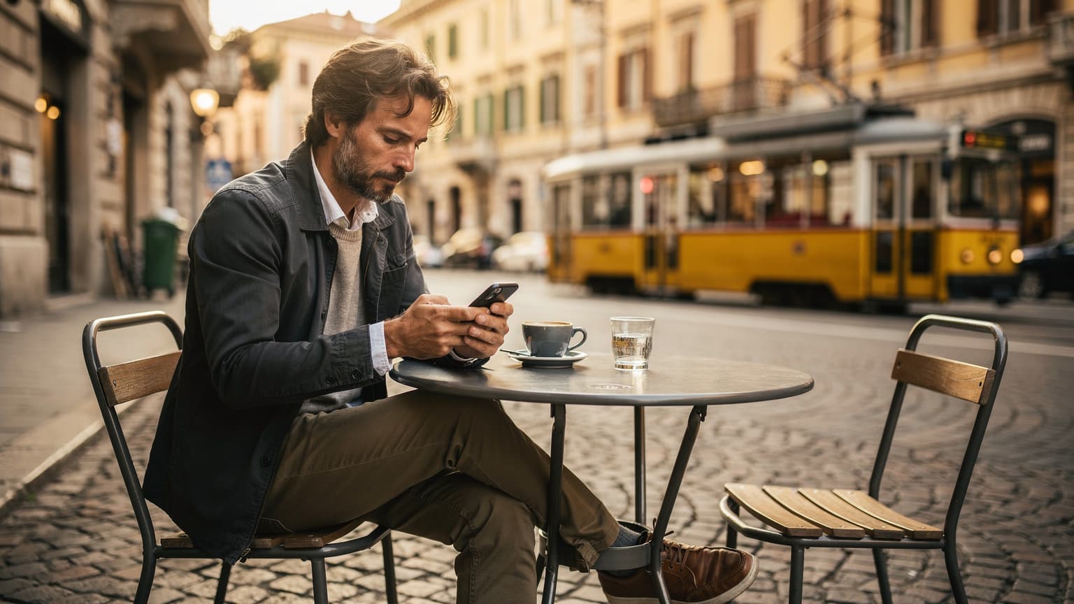 Un viaggiatore seduto in un caffè storico nel quartiere di Brera a Milano, guarda il suo smartphone mentre sorseggia un caffè, con una mappa turistica aperta sul tavolo e l'atmosfera vivace di una mattina tipica milanese.