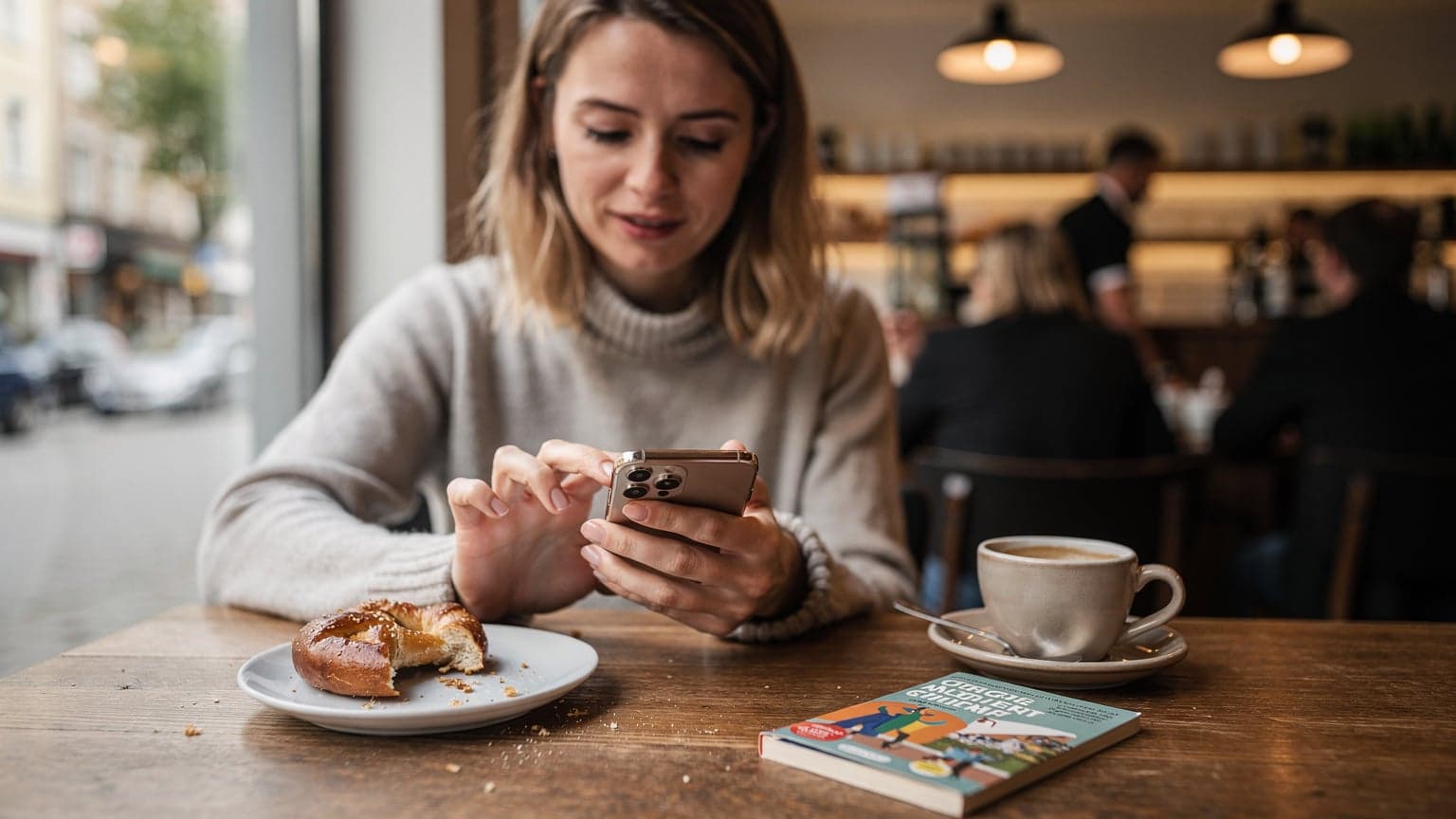 Eine Frau in einem Münchner Café tippt auf ihrem iPhone 11, während eine Tasse Kaffee und ein Reiseführer auf dem Tisch liegen, die die Planung einer Auslandsreise andeuten.