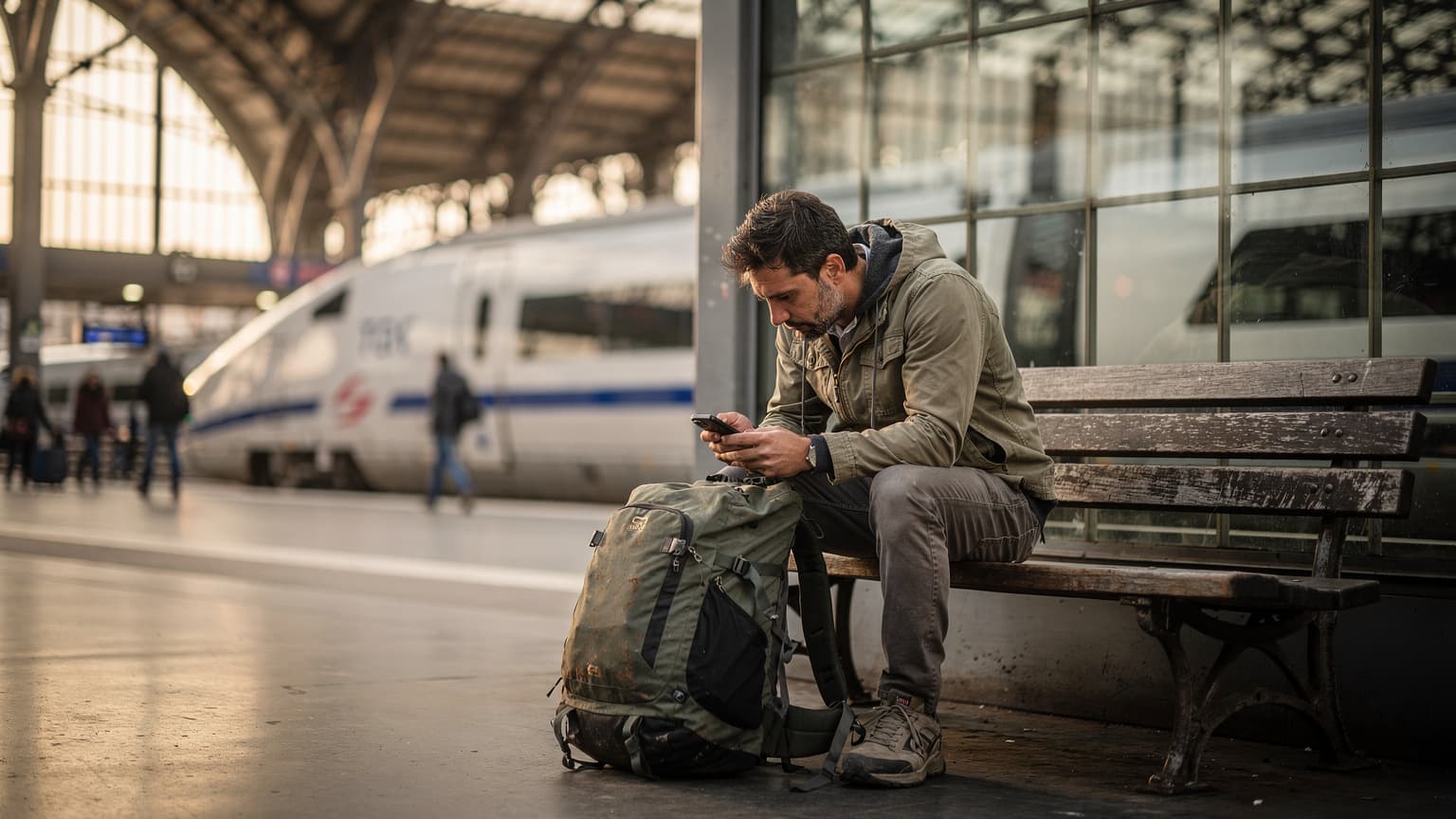 Un voyageur avec un sac à dos usé, assis sur un banc à la gare de Lyon à Paris, consultant son téléphone portable avec un air concentré, entouré de l'agitation des départs.