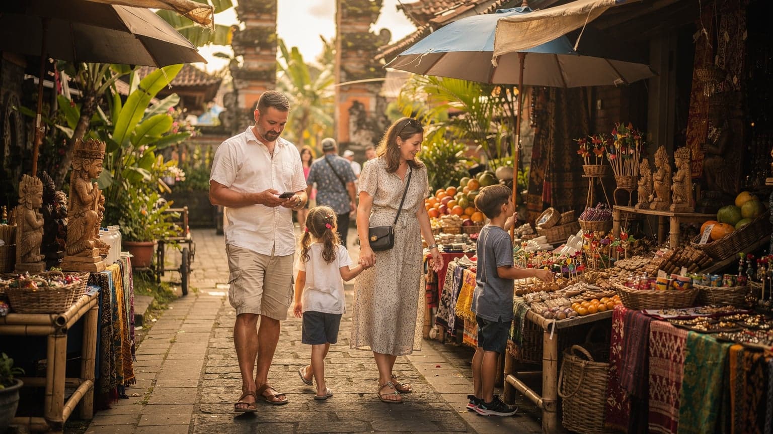 A family with two children, aged around 8 and 10, walking through a bustling street market in Ubud, Bali, with lush green foliage in the background and vibrant textiles on display, while the father checks his phone.