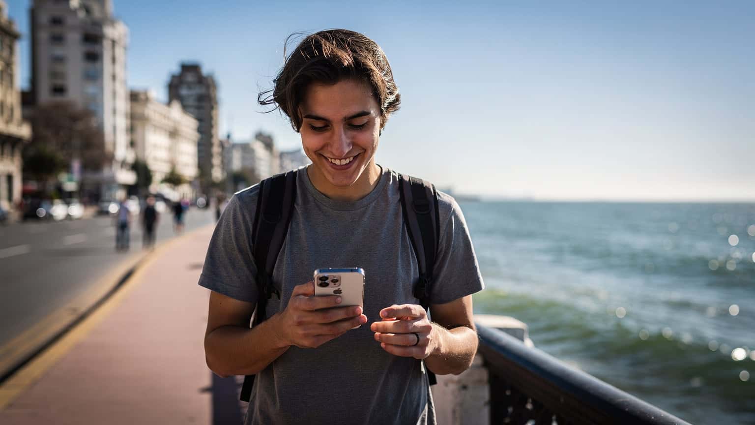 Un viajero joven sonríe mientras camina por la Rambla de Montevideo, con su teléfono en la mano, mostrando la pantalla con una señal de red completa, bajo un cielo despejado de primavera. Al fondo se distinguen los edificios art déco característicos de la costa uruguaya y el Río de la Plata.