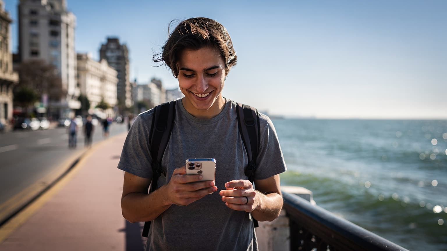 Un viajero joven sonríe mientras camina por la Rambla de Montevideo, con su teléfono en la mano, mostrando la pantalla con una señal de red completa, bajo un cielo despejado de primavera. Al fondo se distinguen los edificios art déco característicos de la costa uruguaya y el Río de la Plata.
