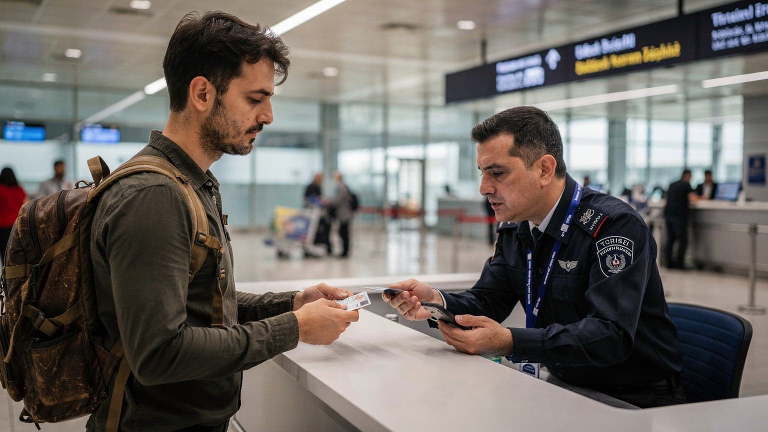 Un viaggiatore italiano con uno zaino leggero che mostra la sua carta d'identità a un agente di frontiera all'aeroporto internazionale di Istanbul, con il suo telefono in mano pronto a mostrare una eSIM.