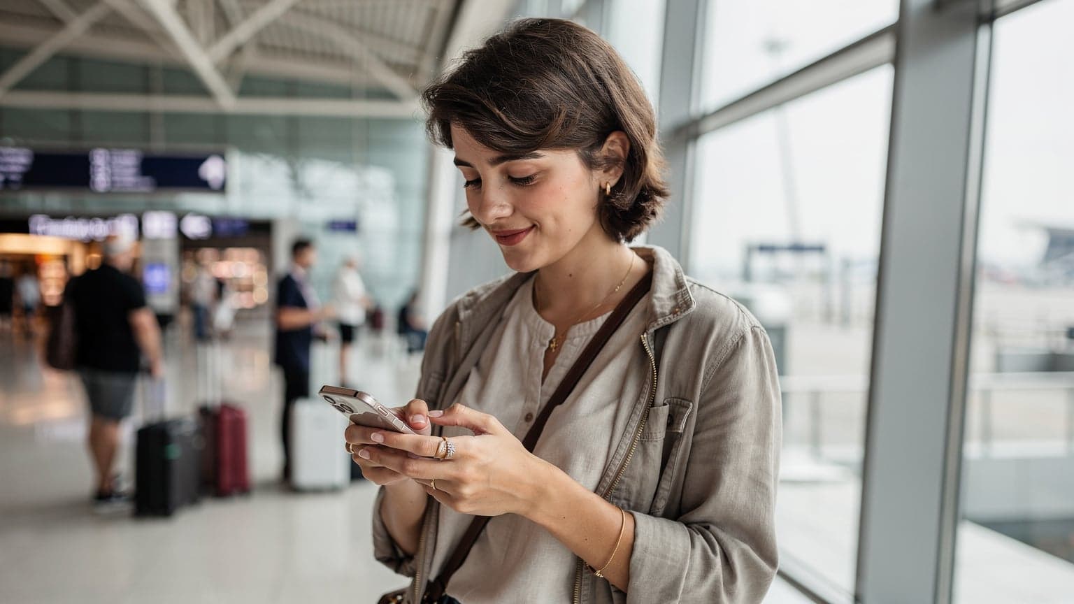İstanbul Havalimanı dış hatlar terminalinde, pasaport kontrolünden yeni geçmiş bir kadın, elindeki iPhone'una bakarak eSIM kurulumu yaparken gülümsüyor.
