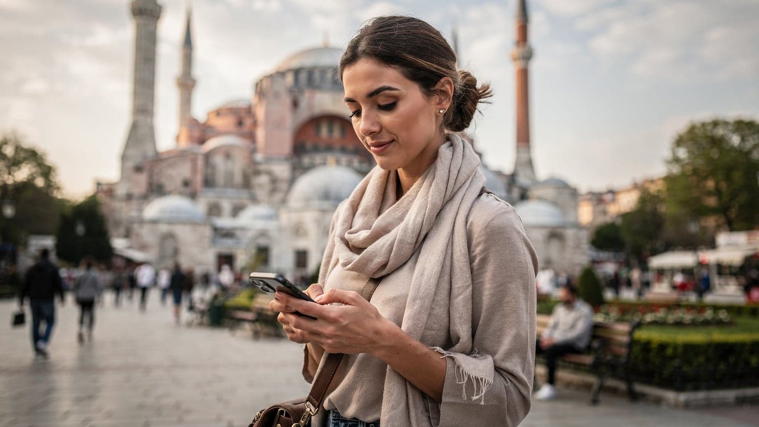 امرأة شابة ترتدي وشاحًا خفيفًا وتستخدم هاتفها الذكي أمام مسجد آيا صوفيا في إسطنبول تحت سماء صافية، مع إبراز التفاصيل المعمارية المحيطة بها.